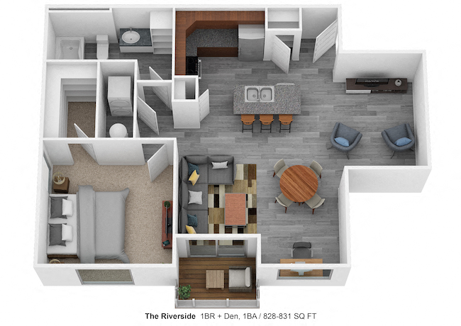Floor plan for 1 bed, 1 bath, 831 sqft